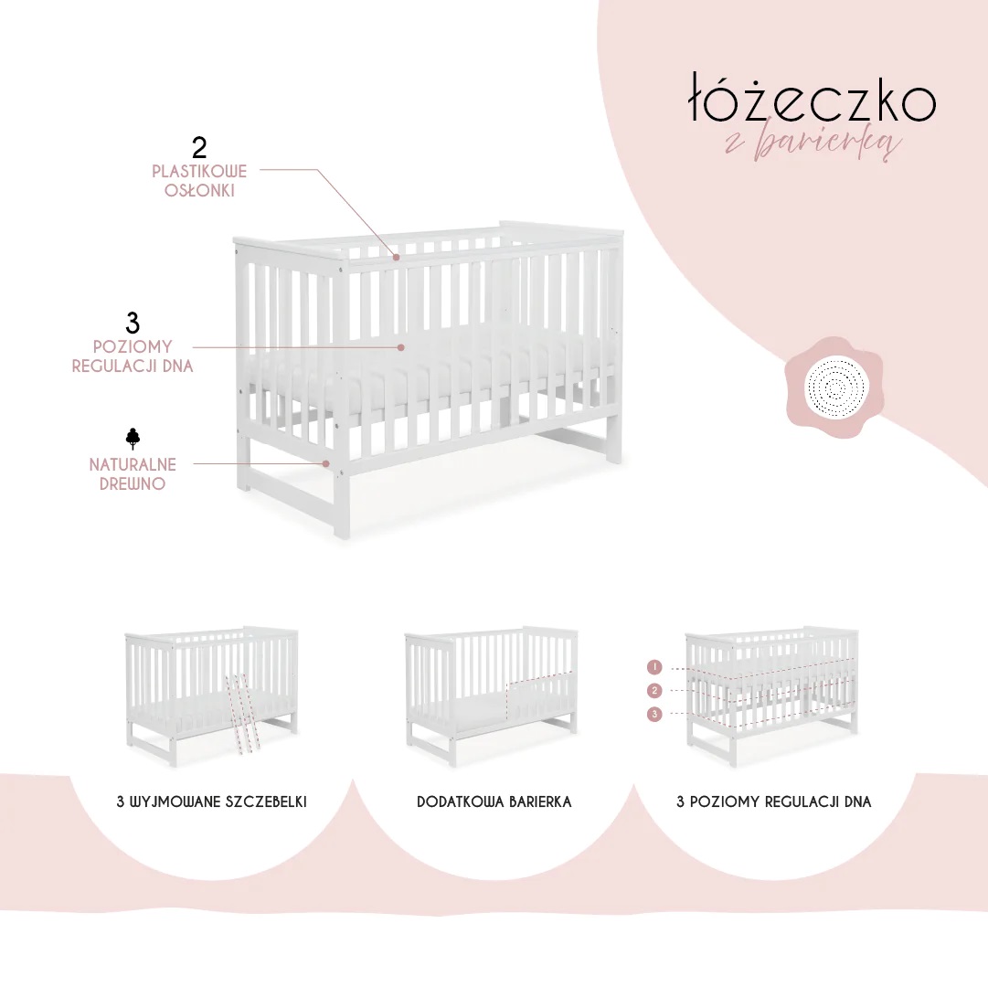 Łóżeczko drewniane z barierką IWI białe/buk - obrazek 4